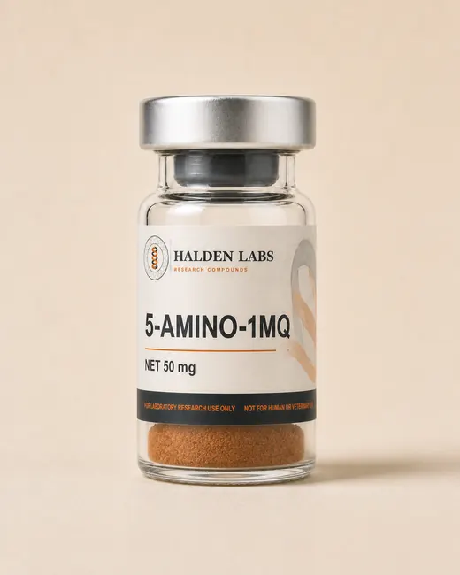 A Halden Labs vial labelled 5-Amino-1MQ, 50 mg, with a research-use-only band.