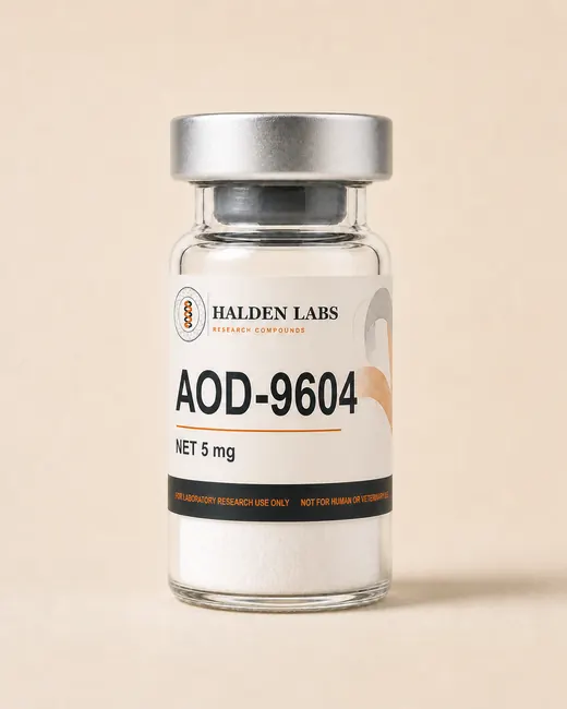 A Halden Labs vial labelled AOD-9604, 5 mg, with a research-use-only band.