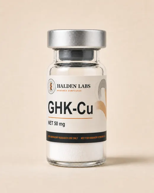A Halden Labs vial labelled GHK-Cu, 50 mg, with a research-use-only band.