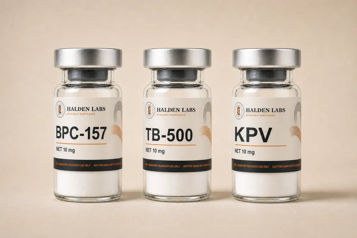 Three Halden Labs vials side by side, each labelled with its compound and net weight.