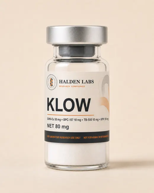 A Halden Labs vial labelled KLOW, NET 80 mg, with GHK-Cu 50 mg, BPC-157 10 mg, TB-500 10 mg and KPV 10 mg and a research-use-only band.