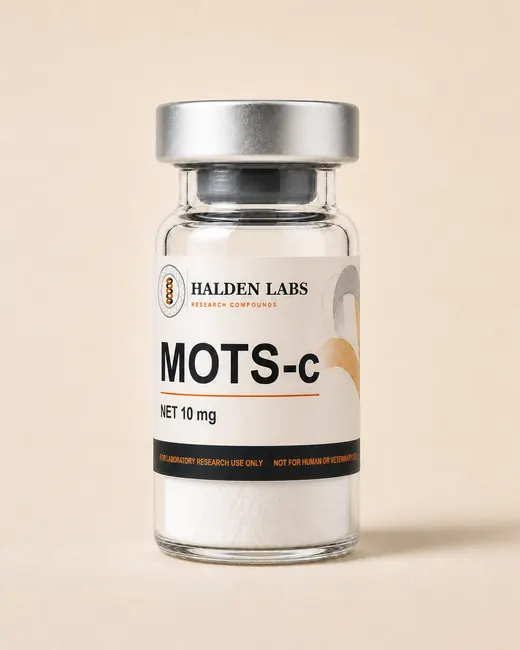A Halden Labs vial labelled MOTS-c, 10 mg, with a research-use-only band.
