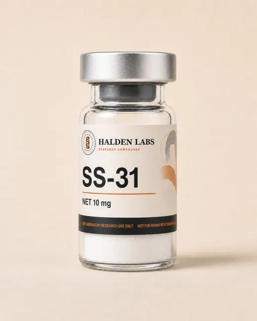 A Halden Labs vial labelled SS-31, 10 mg, with a research-use-only band.
