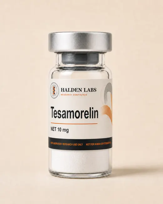 A Halden Labs vial labelled Tesamorelin, 10 mg, with a research-use-only band.